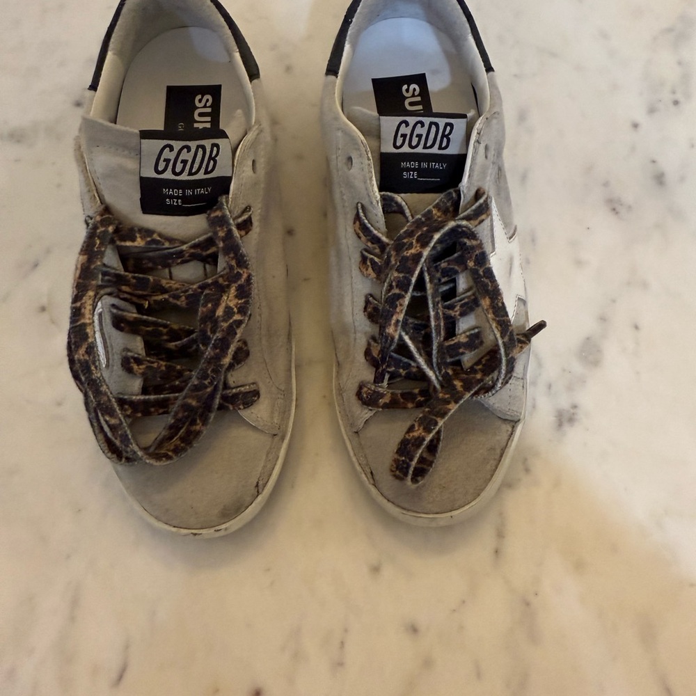 Golden Goose Grey Suede Shoes with Leopard Print Laces, Size 35